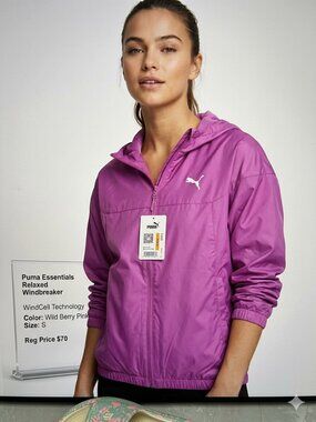 NWT PUMA Essentials Relaxed Windbreaker WindCell Wild Berry Pink - Small